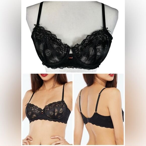 Savage X Fenty Black Candy Hearts Unlined Lace Balconette Bra - Picture 2 of 12